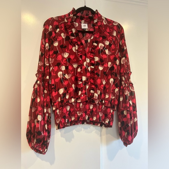 CAbi Corsage Blouse Womens Small Red Floral Bishop Sleeve Smocked Ruffle Top - Picture 2 of 10